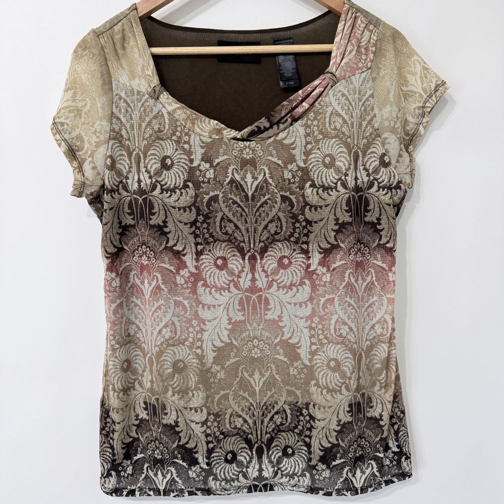 Axcess Micromesh Ornate Damask Short Sleeve Top Size L Brown Lined Earth Tones